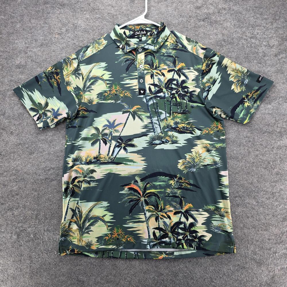 Bad Birdie Polo Shirt Mens Large Green Tropical Palm Print Hawaiian Golf Stretch